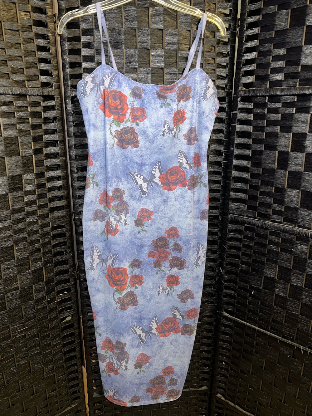 Forever 21 Light Blue Slip Dress with Red Rose & Butterfly Print size L